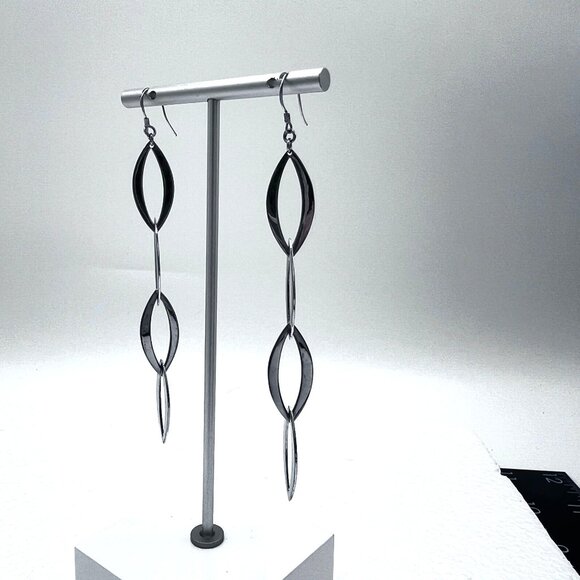 Silver Dangle Drop Earrings 4.25" Long Chain Open Marquise Links Marked 925 - Picture 5 of 9